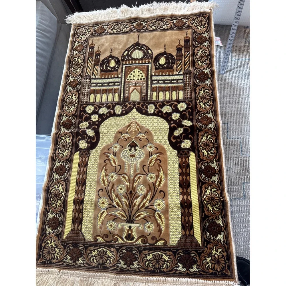 Aydin Mensucat Turkish Prayer Rug Brown Gold Mosque Design Fringed Sajadah Mat